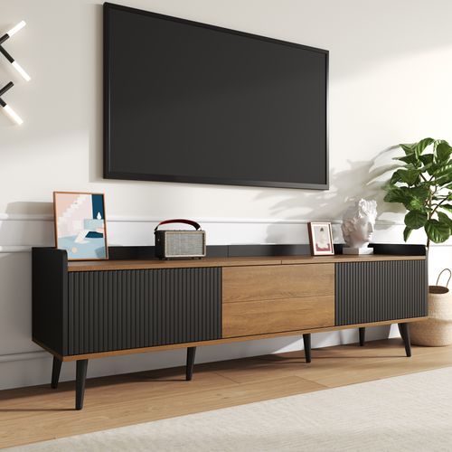 Meuble TV 160x39x49,5cm, 3 Portes, Mdf+panneaux De Particules, Pieds En Bois Massif, Bois Et Noir