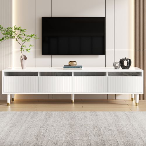 Meuble TV 178x35x45cm, 4 Tiroirs, Mdf+acrylique, Convient Aux Téléviseurs De 55 à 75 Pouces, Blanc