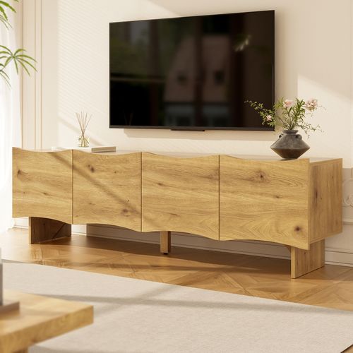 Meuble TV 155x36x47cm, 4 Portes, Passe-câbles, Extérieur Bois, Coloris Naturel