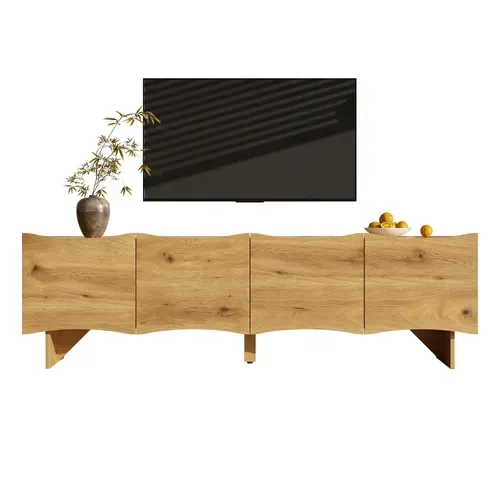 Meuble TV 155x36x47cm, 4 Portes, Passe-câbles, Extérieur Bois, Coloris Naturel