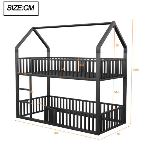 Lit Superposé 90x200 Cm En Métal Maison Avec Porte, Barrières De Sécurité Et Échelle, Noir