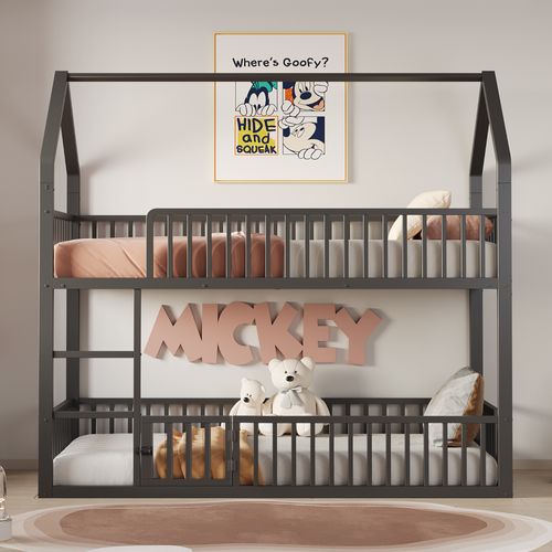 Lit Superposé 90x200 Cm En Métal Maison Avec Porte, Barrières De Sécurité Et Échelle, Noir