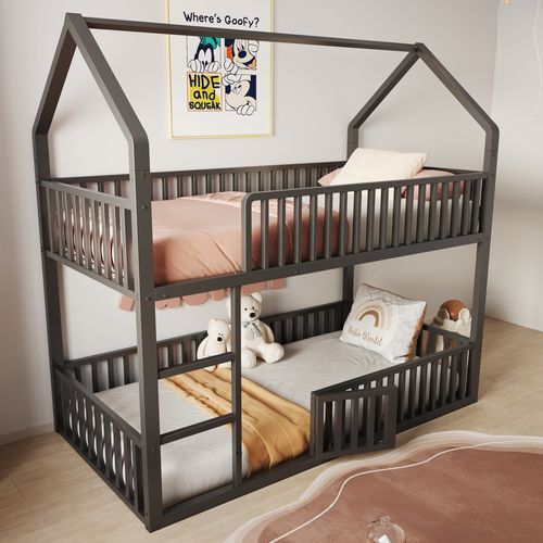 Lit Superposé 90x200 Cm En Métal Maison Avec Porte, Barrières De Sécurité Et Échelle, Noir