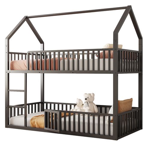 Lit Superposé 90x200 Cm En Métal Maison Avec Porte, Barrières De Sécurité Et Échelle, Noir