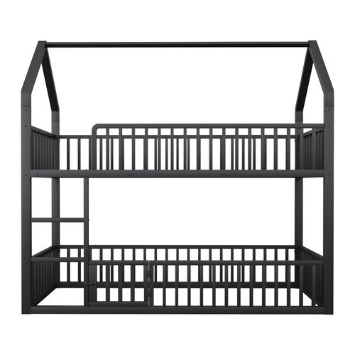 Lit Superposé 90x200 Cm En Métal Maison Avec Porte, Barrières De Sécurité Et Échelle, Noir