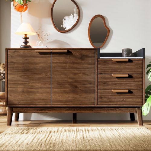 Buffet De Salon Chêne Avec Plateau Effet Marbre, Étagère Ouverte, 3 Tiroirs, 2 Portes, Pieds En Bois