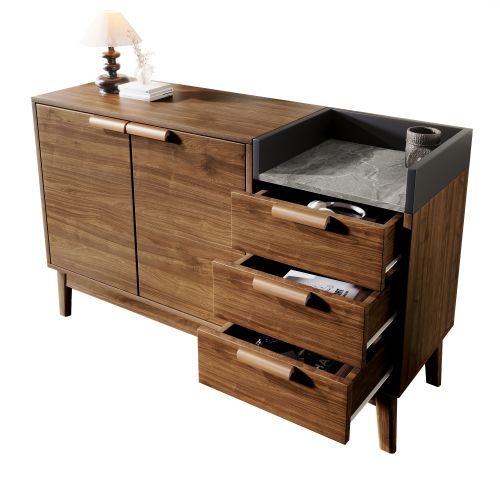 Buffet De Salon Chêne Avec Plateau Effet Marbre, Étagère Ouverte, 3 Tiroirs, 2 Portes, Pieds En Bois