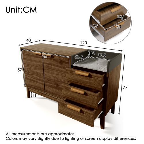 Buffet De Salon Chêne Avec Plateau Effet Marbre, Étagère Ouverte, 3 Tiroirs, 2 Portes, Pieds En Bois