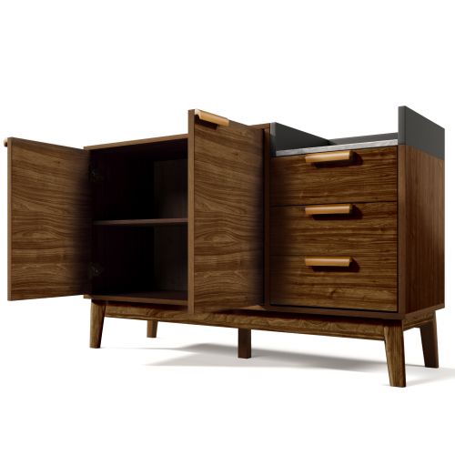 Buffet De Salon Chêne Avec Plateau Effet Marbre, Étagère Ouverte, 3 Tiroirs, 2 Portes, Pieds En Bois