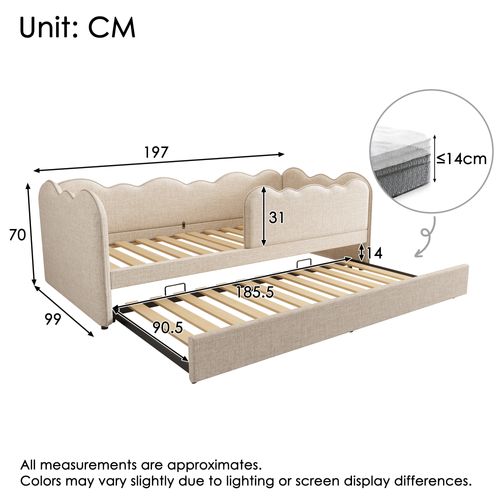 Lit Enfant Gigogne 90x190 Cm,  Avec Sommier à Lattes, Lin, Beige