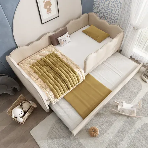 Lit Enfant Gigogne 90x190 Cm,  Avec Sommier à Lattes, Lin, Beige