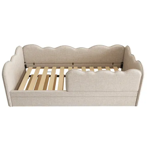 Lit Enfant Gigogne 90x190 Cm,  Avec Sommier à Lattes, Lin, Beige