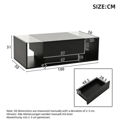Table Basse Noire Haute Brillance Avec LED, Tiroir Et Rangement Semi-ouvert, Plateau En Verre Trempé
