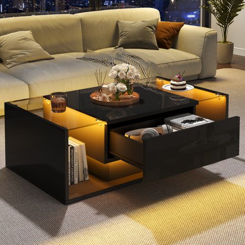 Table Basse Noire Haute Brillance Avec LED, Tiroir Et Rangement Semi-ouvert, Plateau En Verre Trempé