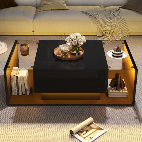 Table Basse Noire Haute Brillance Avec LED, Tiroir Et Rangement Semi-ouvert, Plateau En Verre Trempé