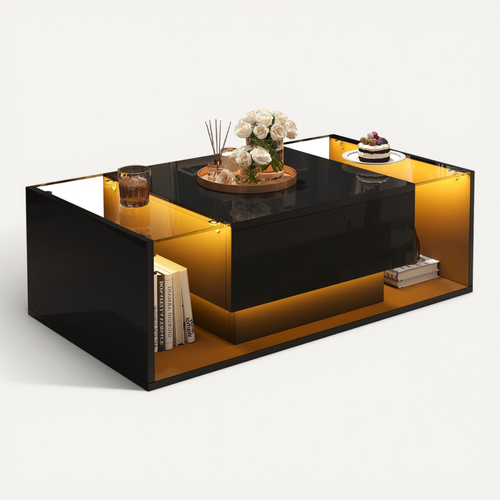 Table Basse Noire Haute Brillance Avec LED, Tiroir Et Rangement Semi-ouvert, Plateau En Verre Trempé