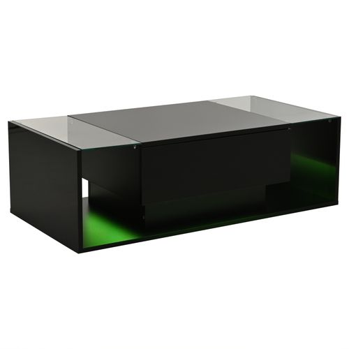 Table Basse Noire Haute Brillance Avec LED, Tiroir Et Rangement Semi-ouvert, Plateau En Verre Trempé