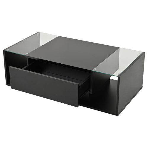 Table Basse Noire Haute Brillance Avec LED, Tiroir Et Rangement Semi-ouvert, Plateau En Verre Trempé