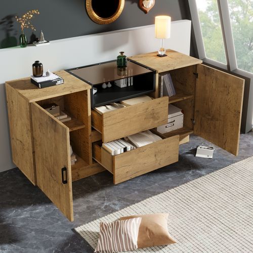 Buffet En Bois Effet Chêne Avec Plateau En Verre Brun Et Rangement, 2 Tiroirs Et 2 Portes