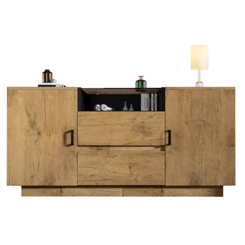 Buffet En Bois Effet Chêne Avec Plateau En Verre Brun Et Rangement, 2 Tiroirs Et 2 Portes