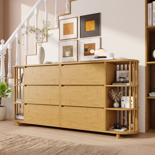 Commode à 6 Tiroirs Avec Colonnes Et Étagères En Bambou, Pieds Réglables En Hauteur, Chêne