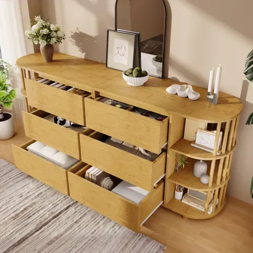 Commode à 6 Tiroirs Avec Colonnes Et Étagères En Bambou, Pieds Réglables En Hauteur, Chêne