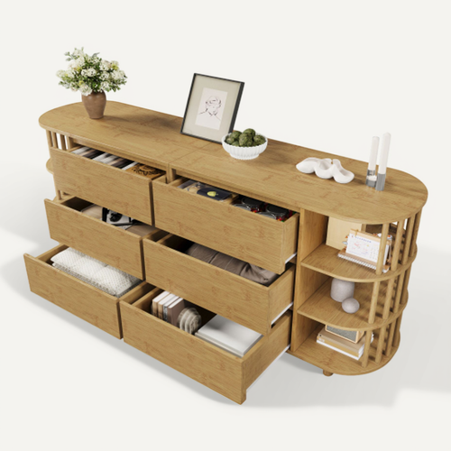 Commode à 6 Tiroirs Avec Colonnes Et Étagères En Bambou, Pieds Réglables En Hauteur, Chêne
