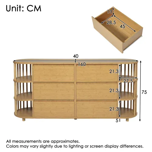 Commode à 6 Tiroirs Avec Colonnes Et Étagères En Bambou, Pieds Réglables En Hauteur, Chêne