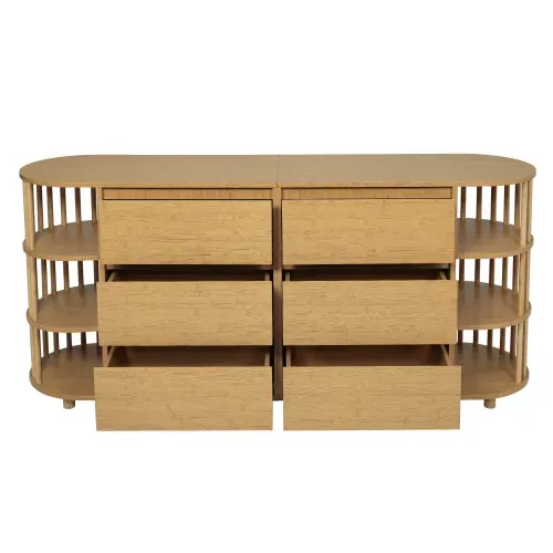 Commode à 6 Tiroirs Avec Colonnes Et Étagères En Bambou, Pieds Réglables En Hauteur, Chêne