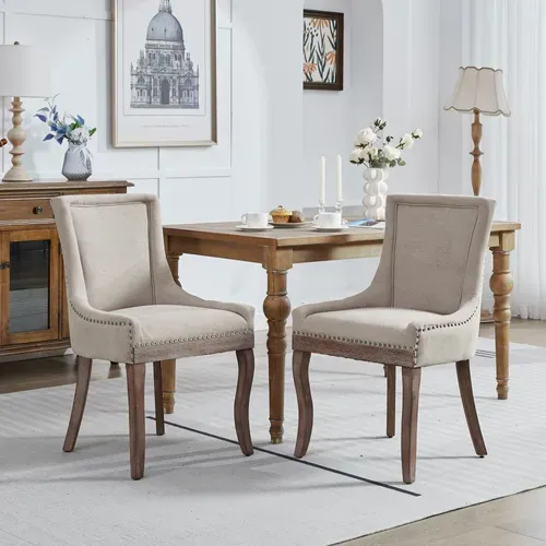 Lot De 2 Chaises De Salle à Manger 55x61x92,5cm, Pieds En Bois Massif, Chenille Beige