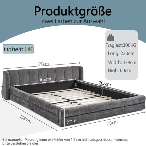 Lit Adulte 160x200 Cm Chenille Gris Foncé, Tête De Lit à Oreilles, Structure Bas Métal-bois