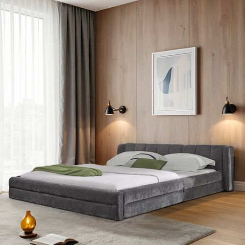 Lit Adulte 160x200 Cm Chenille Gris Foncé, Tête De Lit à Oreilles, Structure Bas Métal-bois