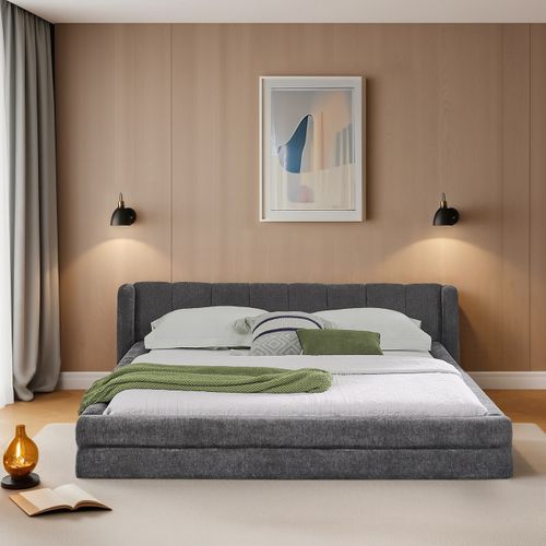 Lit Adulte 160x200 Cm Chenille Gris Foncé, Tête De Lit à Oreilles, Structure Bas Métal-bois