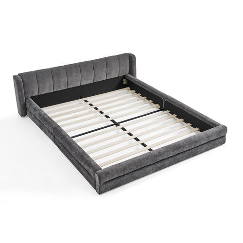 Lit Adulte 160x200 Cm Chenille Gris Foncé, Tête De Lit à Oreilles, Structure Bas Métal-bois