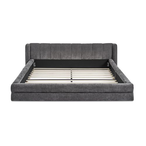 Lit Adulte 160x200 Cm Chenille Gris Foncé, Tête De Lit à Oreilles, Structure Bas Métal-bois