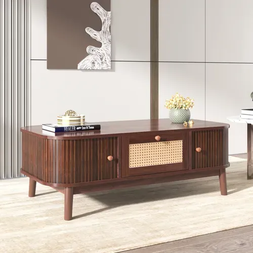 Table Basse Rotin 2 Tiroirs, Portes Coulissantes, Pieds Bois , Marron