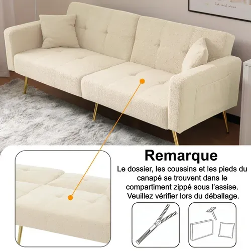 Canapé Droit Convertible 2 Places, Rangement Latéral, Inclinaison Réglable - Sherpa Beige