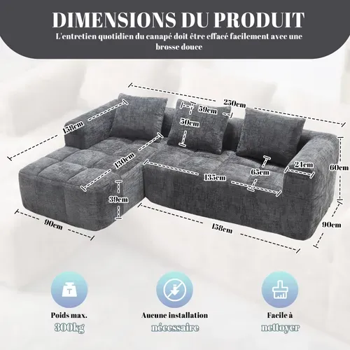Canapé D'angle Modulable 3 Places, Rangement Latéral, Style Moderne, Revêtement Chenille - Gri's