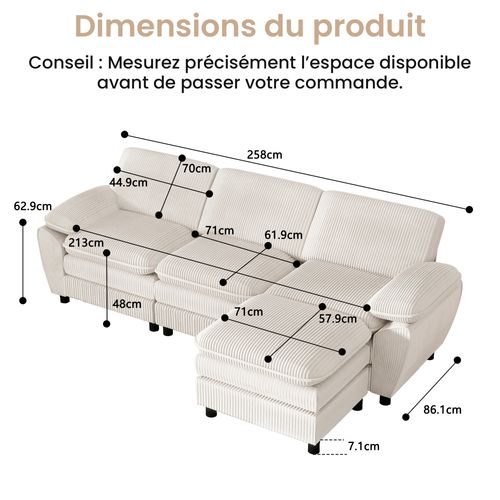 Canapé D'angle Modulable 3 Places, Style Moderne, Coussins Amovibles, Velours Côtelé - Beige