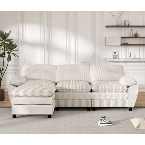 Canapé D'angle Modulable 3 Places, Style Moderne, Coussins Amovibles, Velours Côtelé - Beige