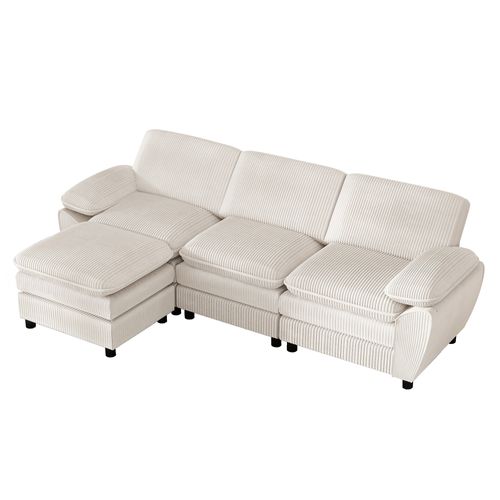 Canapé D'angle Modulable 3 Places, Style Moderne, Coussins Amovibles, Velours Côtelé - Beige