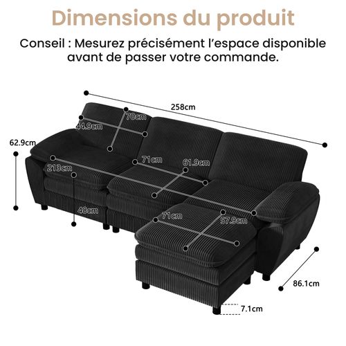 Canapé D'angle Modulable 3 Places, Style Moderne, Coussins Amovibles, Velours Côtelé - Noir