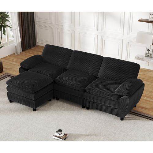 Canapé D'angle Modulable 3 Places, Style Moderne, Coussins Amovibles, Velours Côtelé - Noir