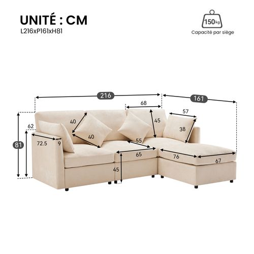 Canapé D'angle Modulable 4 Places En L, Repose-pieds, Style Moderne, Revêtement Chenille - Beige