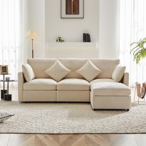Canapé D'angle Modulable 4 Places En L, Repose-pieds, Style Moderne, Revêtement Chenille - Beige