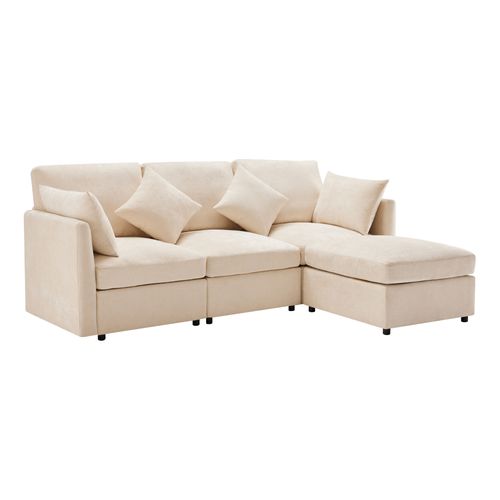 Canapé D'angle Modulable 4 Places En L, Repose-pieds, Style Moderne, Revêtement Chenille - Beige
