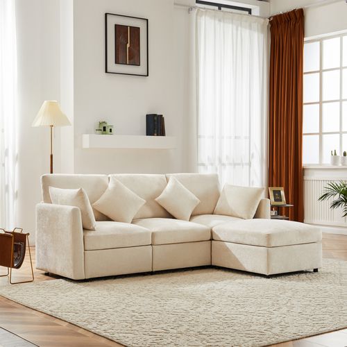 Canapé D'angle Modulable 4 Places En L, Repose-pieds, Style Moderne, Revêtement Chenille - Beige
