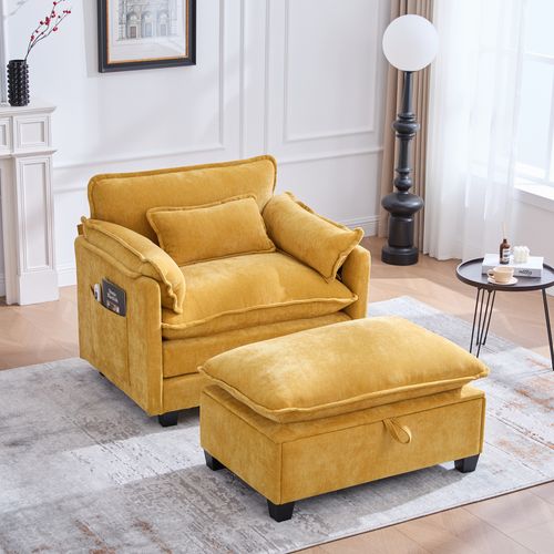 Fauteuil Relax 1 Place, Accoudoirs à Poches, Revêtement Chenille, Style Moderne, Jaune