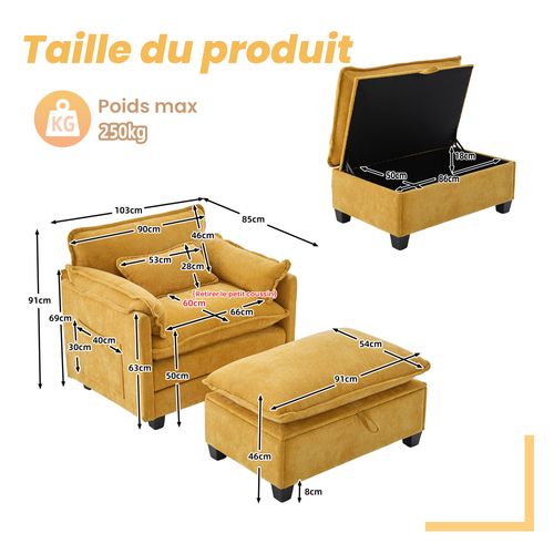 Fauteuil Relax 1 Place, Accoudoirs à Poches, Revêtement Chenille, Style Moderne, Jaune