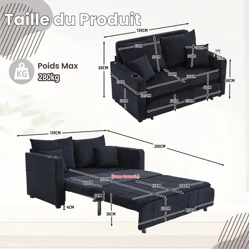 Canapé Convertible 2 Places, Porte-gobelets Et Port USB, Style Moderne, Revêtement Chenille - Noir